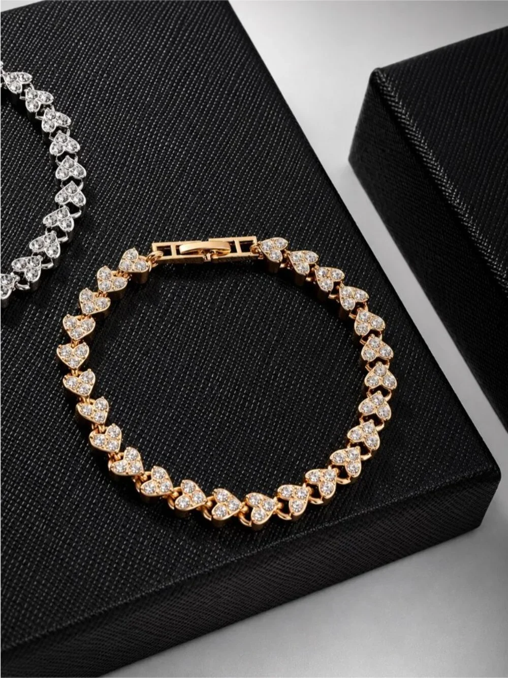 Gold color Heart Link Bracelet with Clear Stones